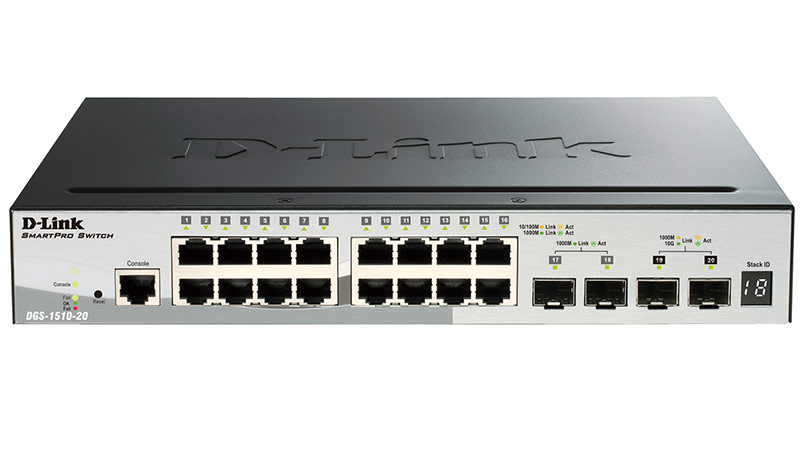 D-Link DGS-1510-20/A1A, Gigabit Stackable SmartPro Switch with 16 10/100/1000Base-T ports, 2 Gigabit SFP, 2 10G SFP+  ports