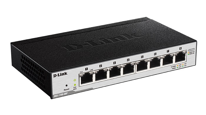 D-Link DGS-1100-08P/B1A, L2 Smart Switch with 8 10/100/1000Base-T and (8 PoE ports 802.3af (15, 4 W), PoE Budget 64 W). 8K Mac address, 802.3x Flow Control, Port Trunking, Port Mirroring, IGMP Snooping