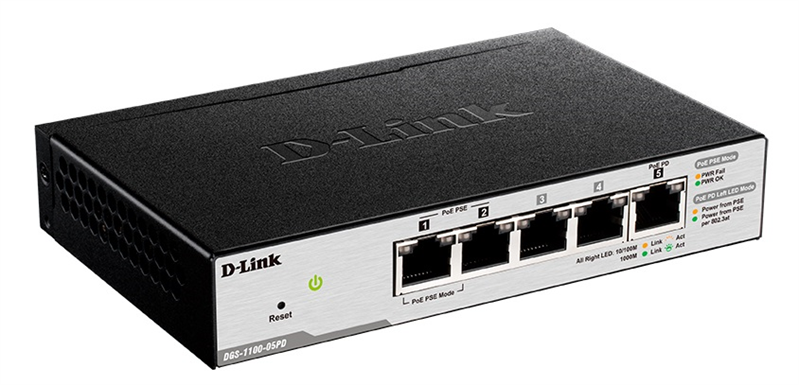 D-Link DGS-1100-05PD/U, L2 Smart Switch with 4 10/100/1000Base-T ports and 1 10/100/1000Base-T PD port(2 PoE ports 802.3af (15,4 W), PoE Budget 18W from 802.3at / 8W from 802.3af).2K Mac address, 802