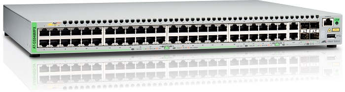 Allied Telesis Gigabit Ethernet Managed switch with 48  10/100/1000T POE ports, 2 SFP/Copper combo ports, 2 SFP/SFP+ uplink slots, single fixed AC power supply
