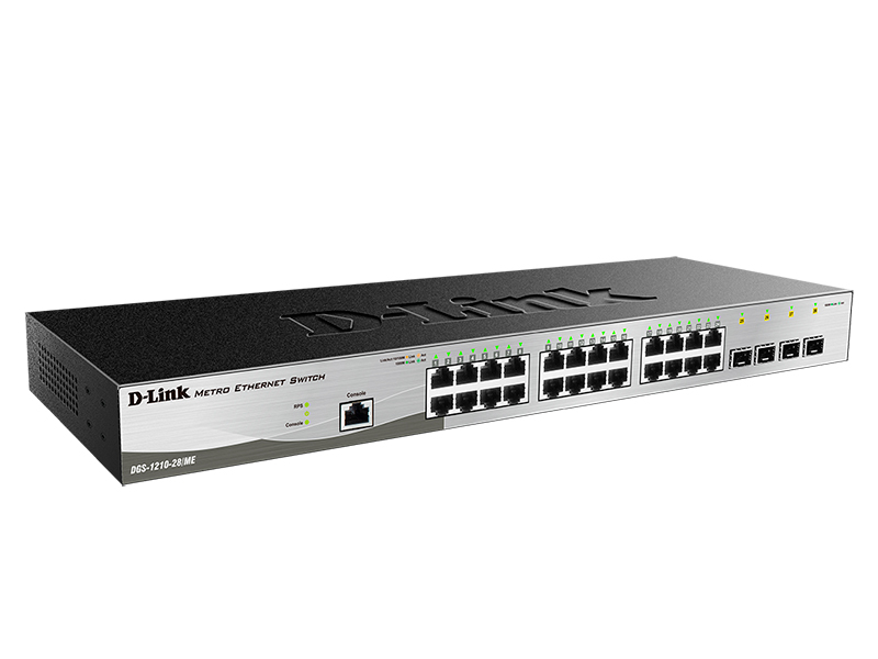 D-Link DGS-1210-28/ME/B1A, L2 Managed Switch with 24 10/100/1000Base-T ports and 4 1000Base-X SFP ports.16K Mac address, 802.3x Flow Control, 4K of 802.1Q VLAN, 802.1p Priority Queues, Traffic Segmen